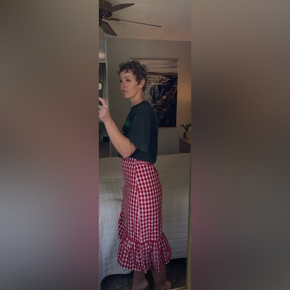 ❤️🤍Zara Red & White Gingham Ruffle Midi Skirt ❤️🤍